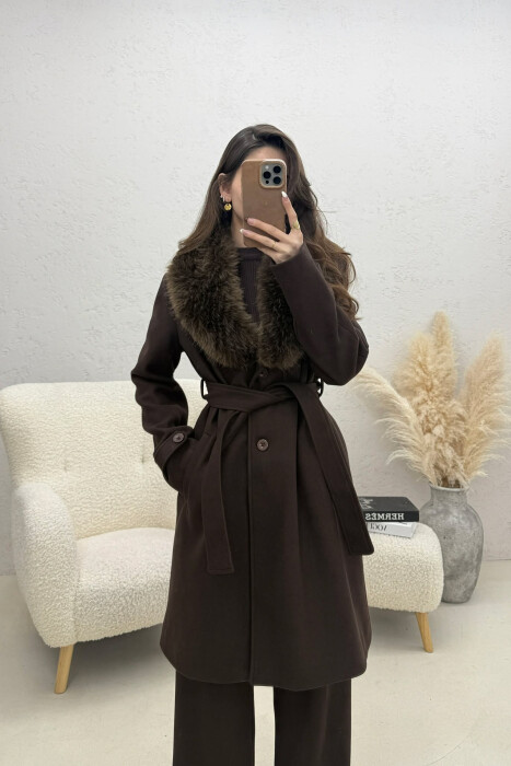 FAUX FUR NECK DETAIL WOMEN COAT DARK BROWN/KAE - 1
