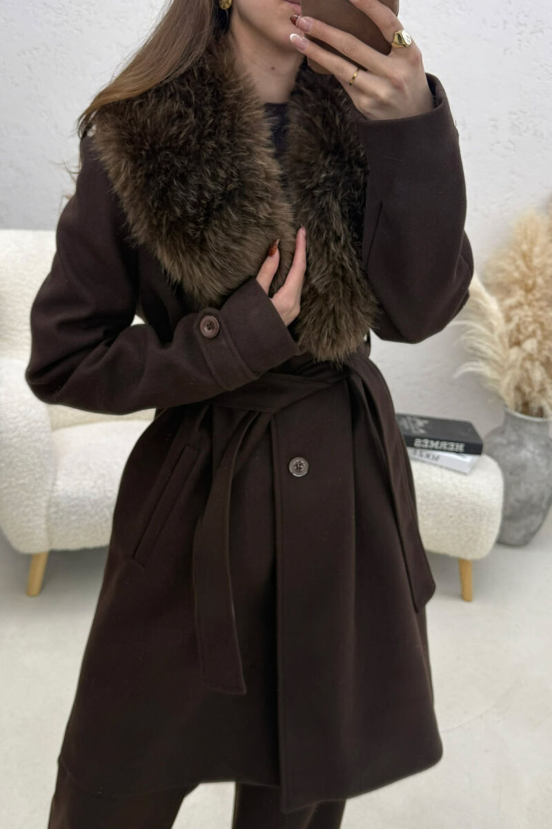 FAUX FUR NECK DETAIL WOMEN COAT DARK BROWN/KAE - 2