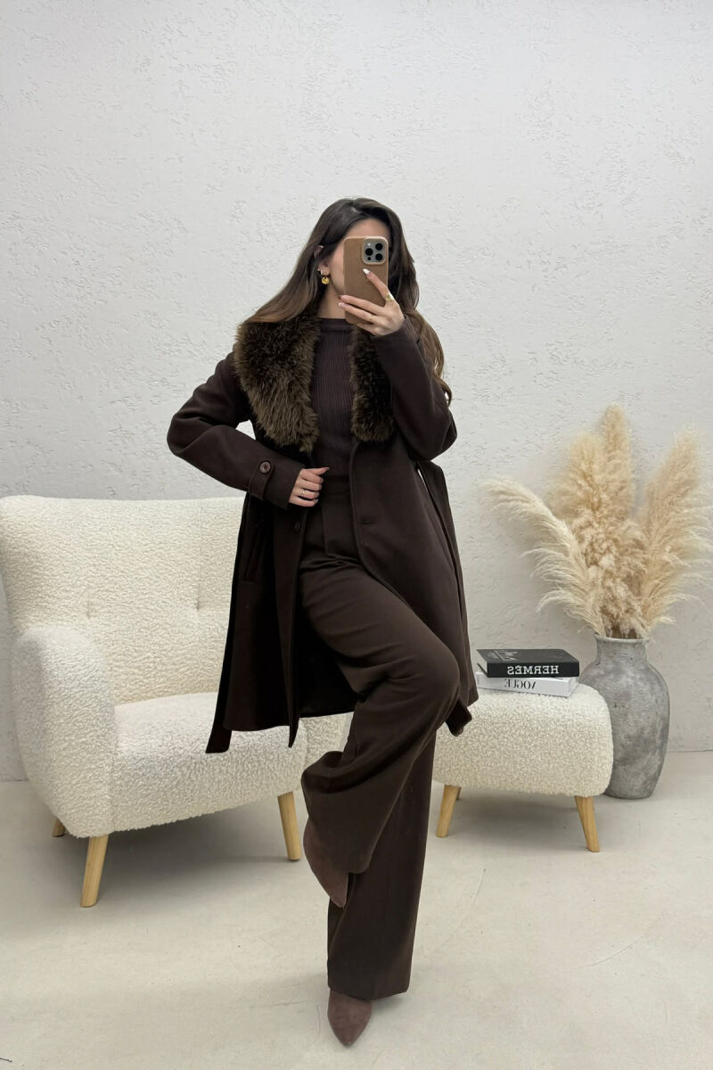 FAUX FUR NECK DETAIL WOMEN COAT DARK BROWN/KAE - 3