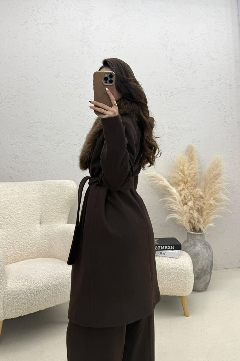 FAUX FUR NECK DETAIL WOMEN COAT DARK BROWN/KAE - 5