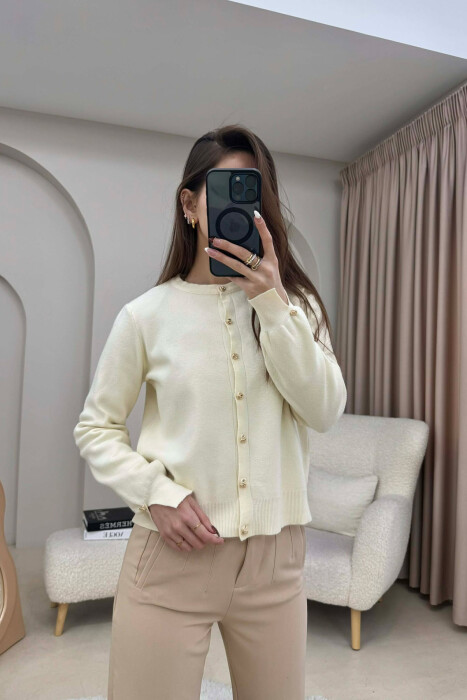 FINE-KNIT BUTTONED WOMAN CARDIGAN CREAM/KREM - 1