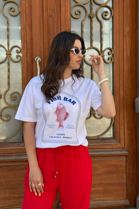FISH IMAGE WRITTINGS WOMEN T-SHIRT WHITE-E BARDHE - 7