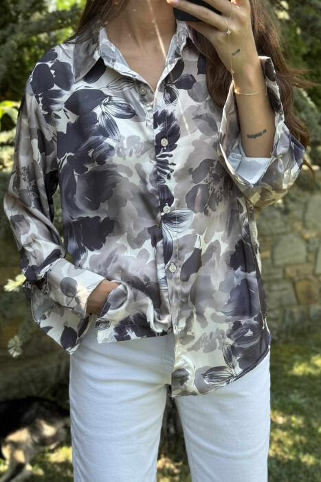 FLORAL DESIGN LONG SLEEVE WOMEN SHIRT GREY/GRI - 5