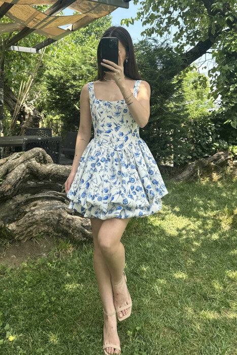 FLORAL PRINT SHORT WOMEN DRESS BLUE-WHITE/BLBA - KLAUDIO FASHION