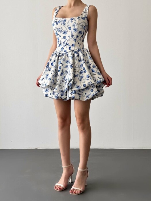 FLORAL PRINT SHORT WOMEN DRESS BLUE-WHITE/BLBA - 6