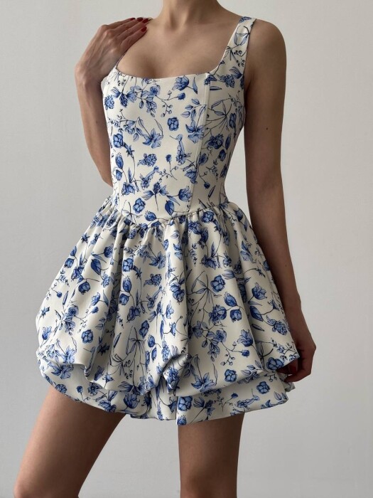 FLORAL PRINT SHORT WOMEN DRESS BLUE-WHITE/BLBA - 8