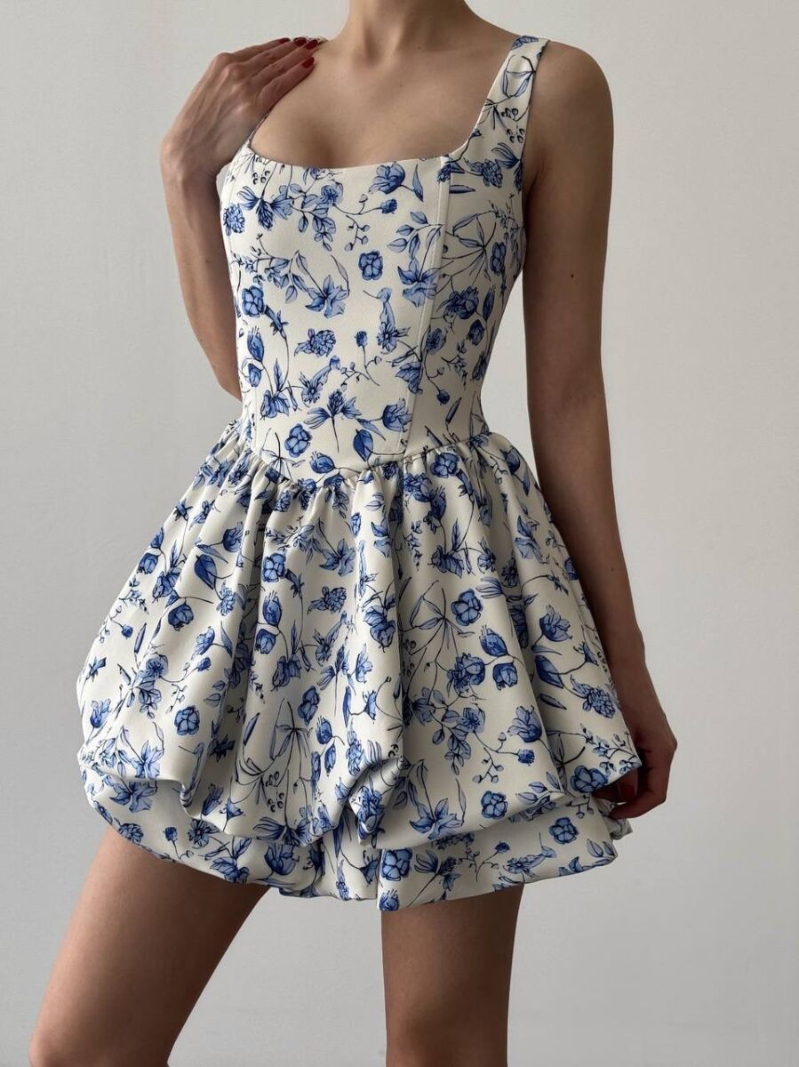 FLORAL PRINT SHORT WOMEN DRESS BLUE-WHITE/BLBA - 8