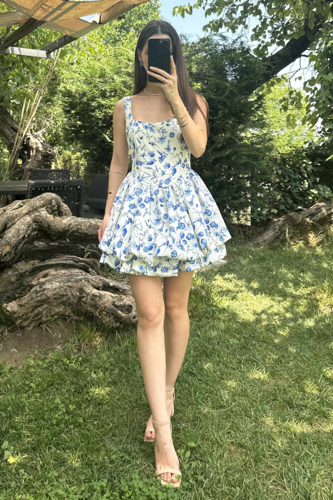 FLORAL PRINT SHORT WOMEN DRESS BLUE-WHITE/BLBA - 3