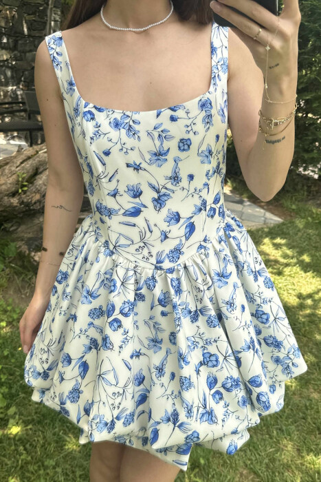 FLORAL PRINT SHORT WOMEN DRESS BLUE-WHITE/BLBA - 4