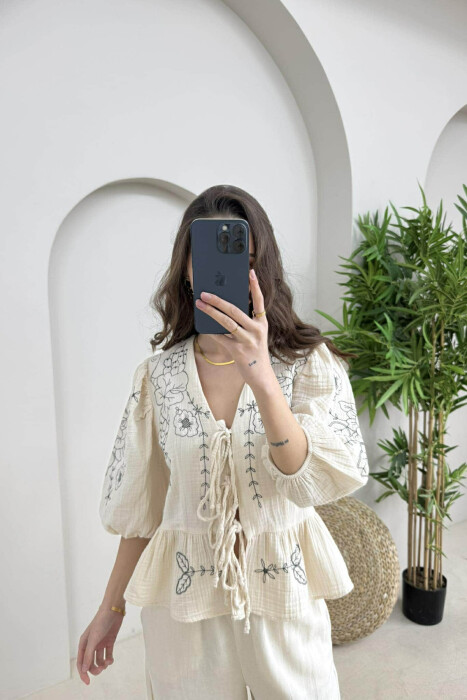 FLOWER DESIGN LINEN LACING WOMEN SHIRT BEIGE/BEZHE - KLAUDIO FASHION