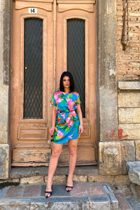FLOWER DESIGN SHORT SLEEVE WOMAN DRESS BLUE/BLU - KLAUDIO FASHION