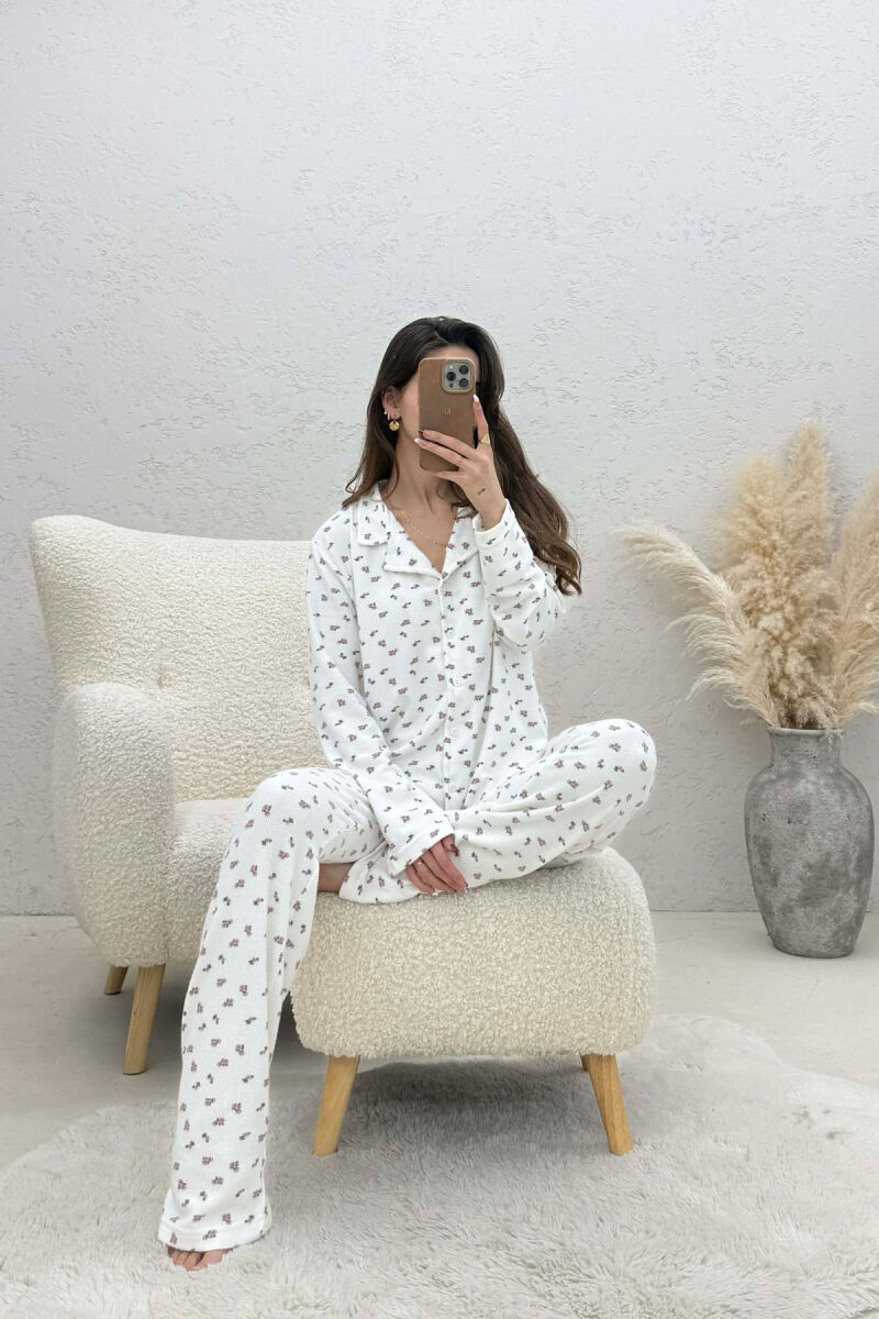 FLOWERS DESIGN SHIRT+TROUSERS WOMEN PYJAMAS WHITE-E BARDHE - 4