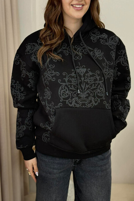 FLUFFY FLOWER DESIGN ONE COLOR WOMEN HOODIE BLACK/ E ZEZE - 3