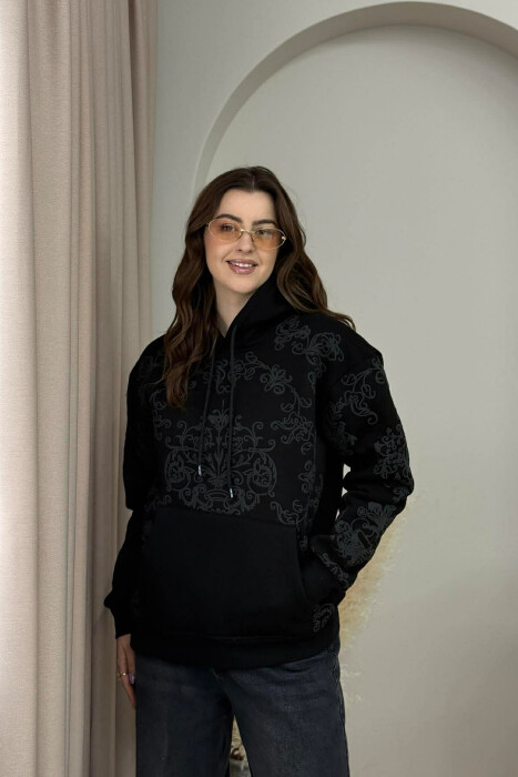 FLUFFY FLOWER DESIGN ONE COLOR WOMEN HOODIE BLACK/ E ZEZE 