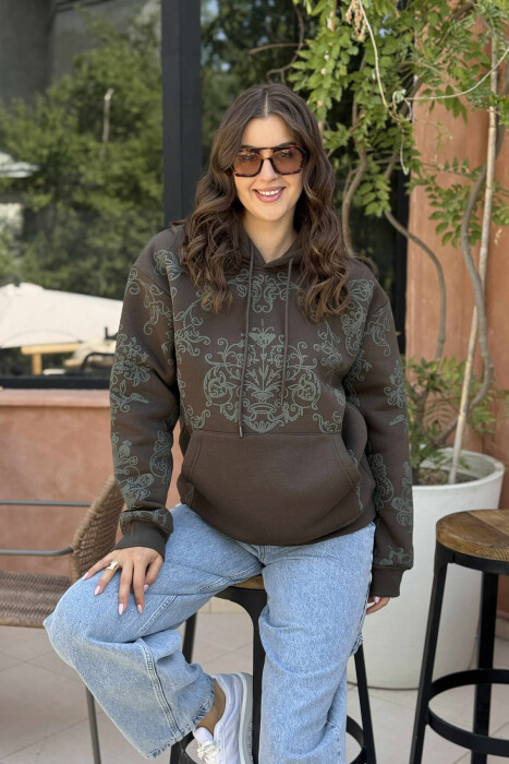 HOODIE NJËNGJJYRËSHE ME PUSH DHE DIZENJO LULESH PËR FEMRA NË NGJYRË JESHILE TË ERRËT 