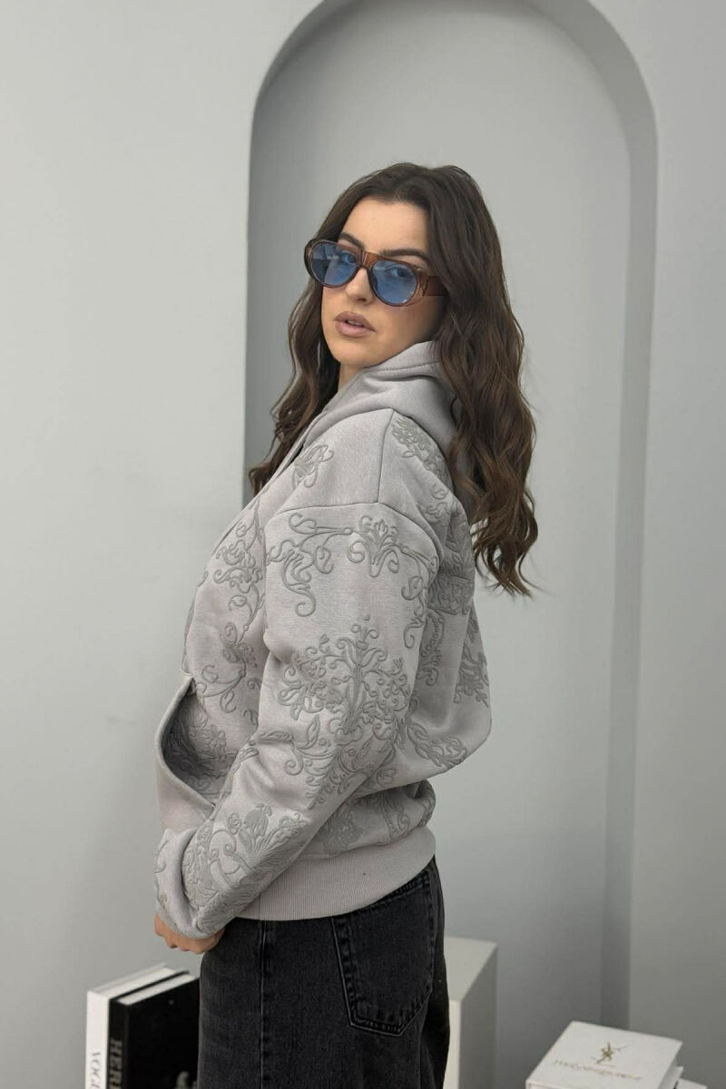 FLUFFY FLOWER DESIGN ONE COLOR WOMEN HOODIE GREY/GRI - 3