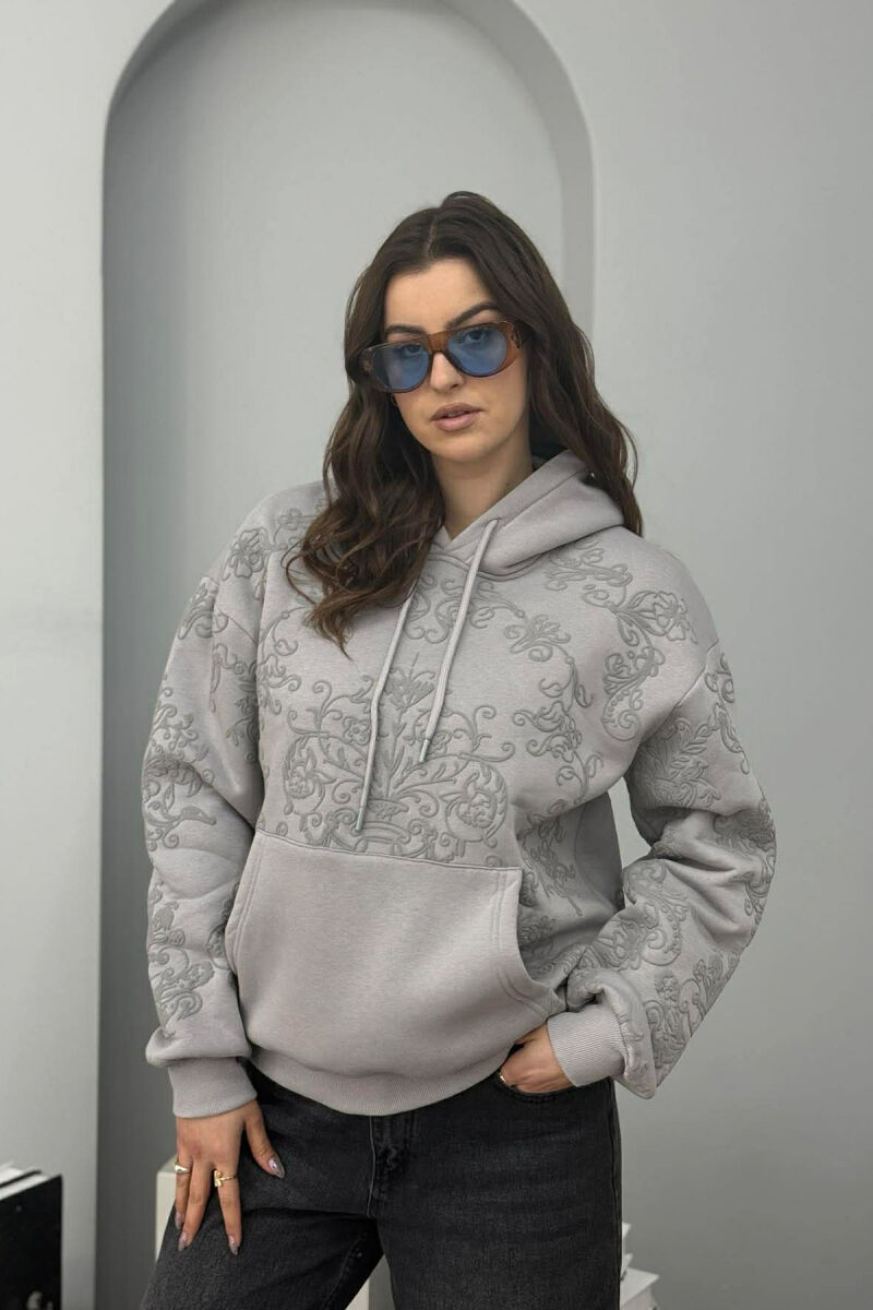 FLUFFY FLOWER DESIGN ONE COLOR WOMEN HOODIE GREY/GRI - 2