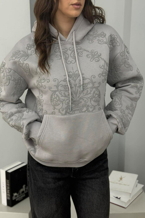 FLUFFY FLOWER DESIGN ONE COLOR WOMEN HOODIE GREY/GRI - 4