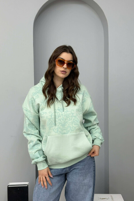 FLUFFY FLOWER DESIGN ONE COLOR WOMEN HOODIE MINT/MENTE 