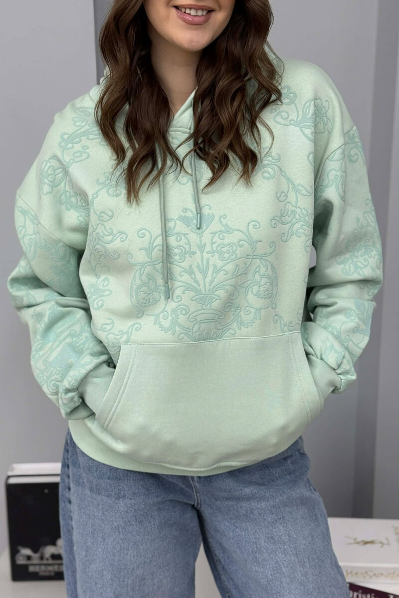 FLUFFY FLOWER DESIGN ONE COLOR WOMEN HOODIE MINT/MENTE - 3