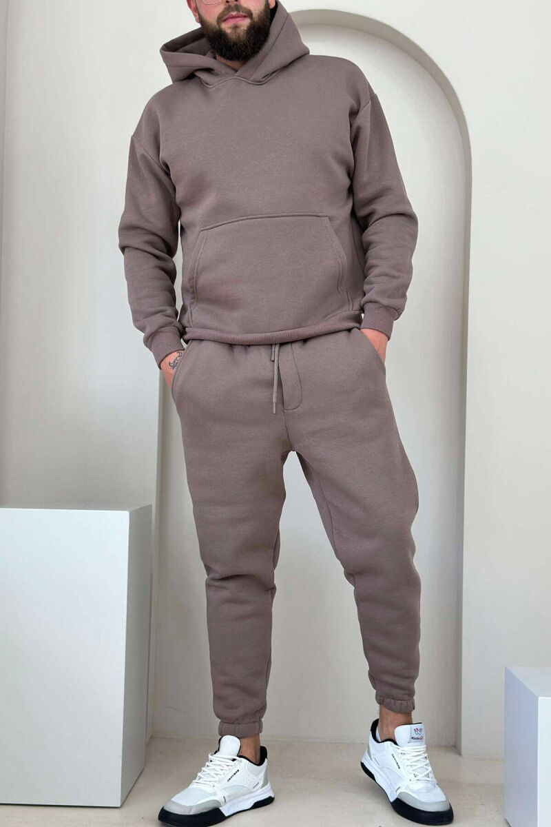 FLUFFY ONE COLOR HOODIE+JOGGERS MEN SET LIGHT BROWN/KAZB - 1