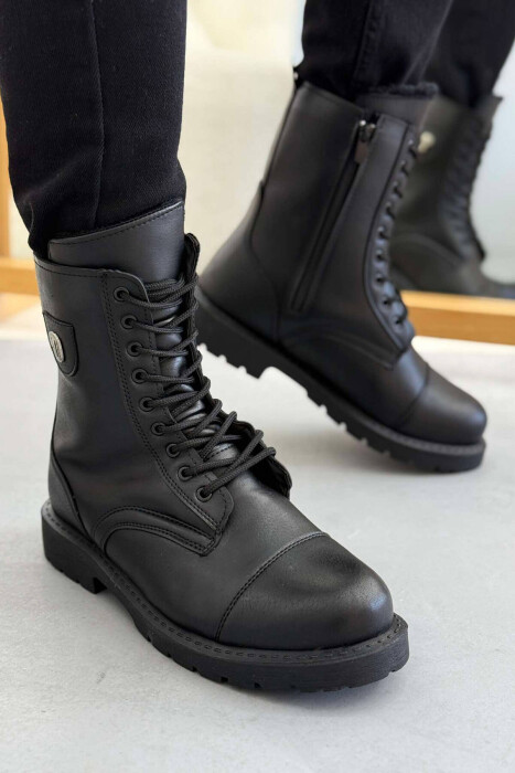 FLUFFY LACING LEATHER MEN ANKLE BOOTS BLACK/ E ZEZE - KLAUDIO FASHION