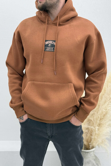 FLUFFY ONE COLOR BASKETBALL BACK DESIGN MEN HOODIE BROWN/KAFE - 1
