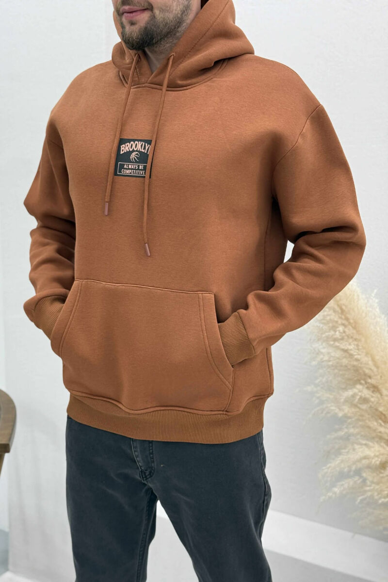 FLUFFY ONE COLOR BASKETBALL BACK DESIGN MEN HOODIE BROWN/KAFE - 2