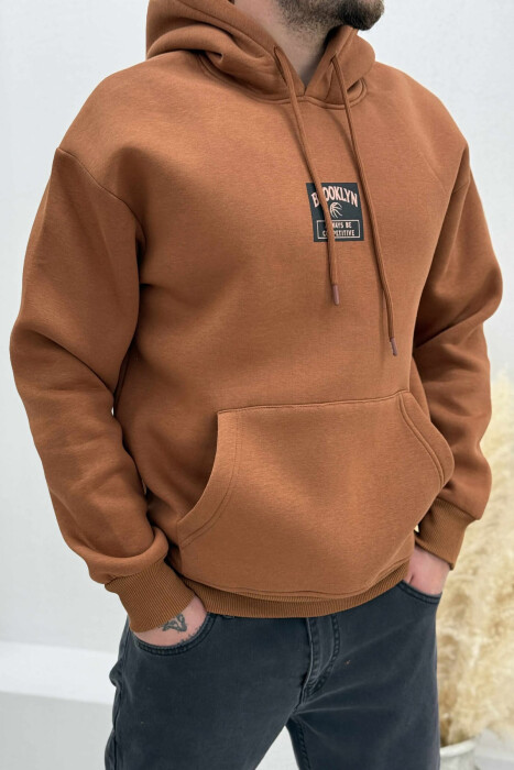 FLUFFY ONE COLOR BASKETBALL BACK DESIGN MEN HOODIE BROWN/KAFE - 3
