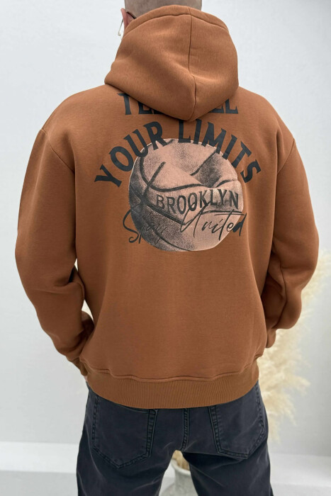 FLUFFY ONE COLOR BASKETBALL BACK DESIGN MEN HOODIE BROWN/KAFE - 4