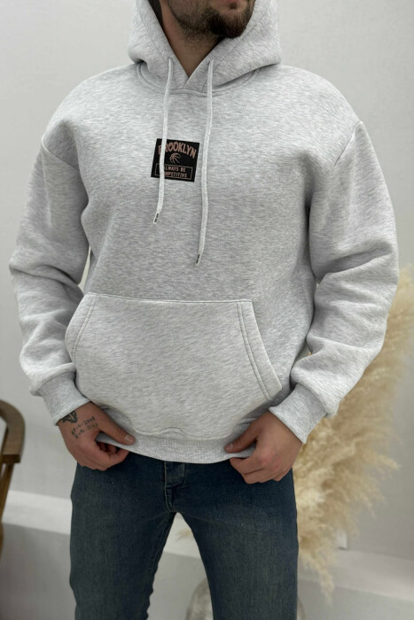 FLUFFY ONE COLOR BASKETBALL BACK DESIGN MEN HOODIE LIGHT GREY/GZ 