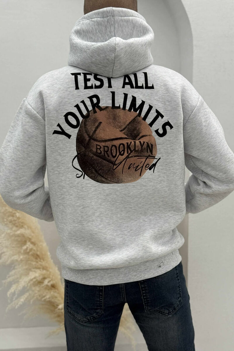 FLUFFY ONE COLOR BASKETBALL BACK DESIGN MEN HOODIE LIGHT GREY/GZ - 2