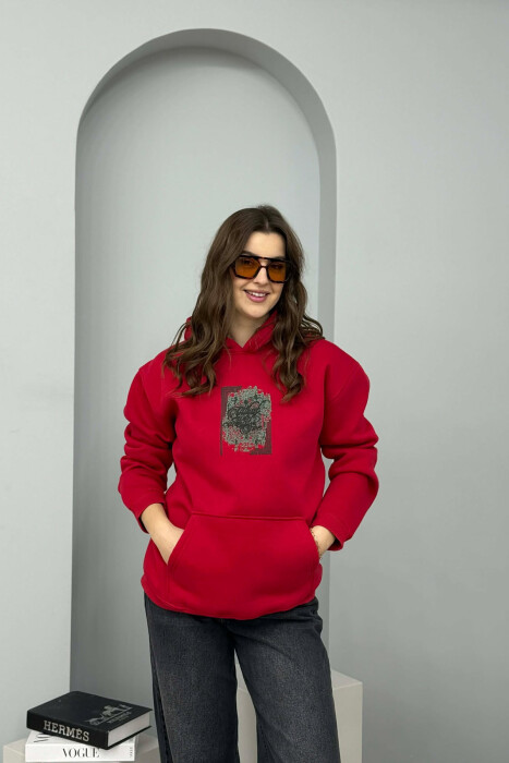 FLUFFY ONE COLOR FRONT & BACK IMAGE WOMEN HOODIE RED/E KUQE 
