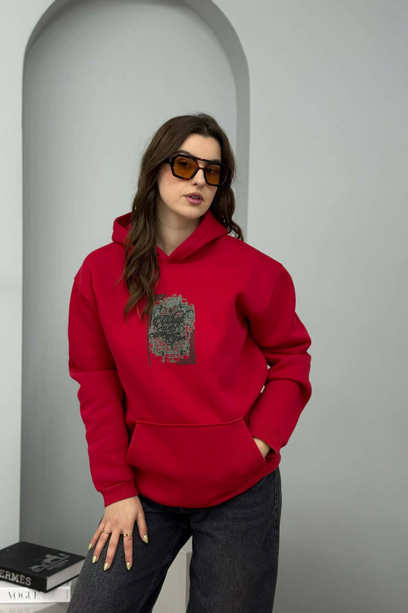 FLUFFY ONE COLOR FRONT & BACK IMAGE WOMEN HOODIE RED/E KUQE - 2
