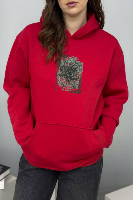FLUFFY ONE COLOR FRONT & BACK IMAGE WOMEN HOODIE RED/E KUQE - 3