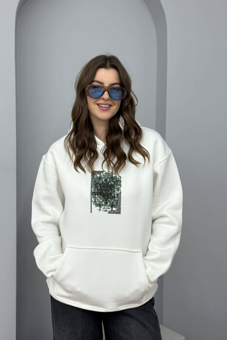 FLUFFY ONE COLOR FRONT & BACK IMAGE WOMEN HOODIE WHITE-E BARDHE - 1