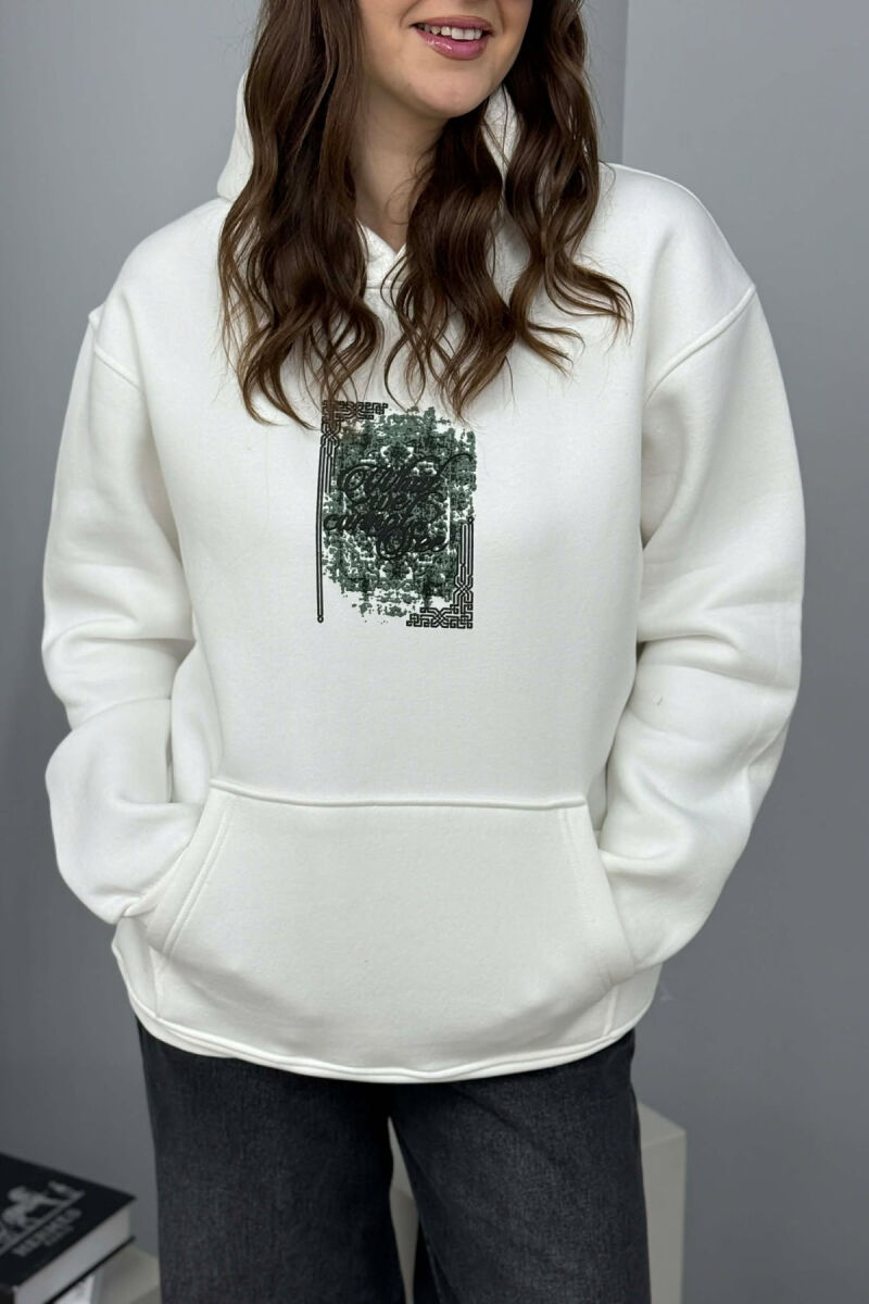 FLUFFY ONE COLOR FRONT & BACK IMAGE WOMEN HOODIE WHITE-E BARDHE - 3