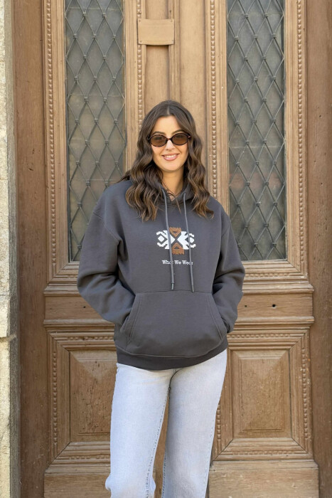 FLUFFY ONE COLOR FRONT LOGO WOMEN HOODIE DARK GREY/GEE 