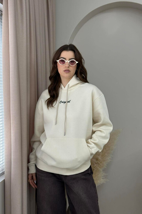 FLUFFY ONE COLOR SMALL FRONT WRITTING WOMEN HOODIE BEIGE/BEZHE - 1