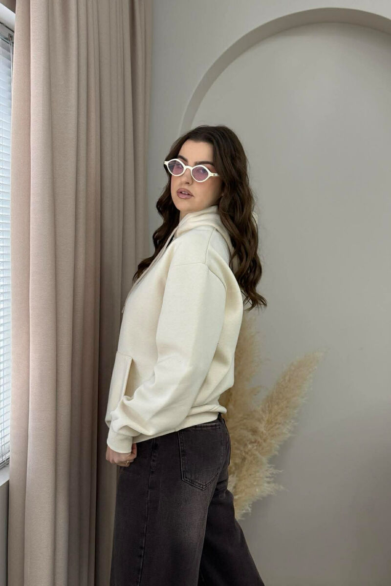 FLUFFY ONE COLOR SMALL FRONT WRITTING WOMEN HOODIE BEIGE/BEZHE - 2