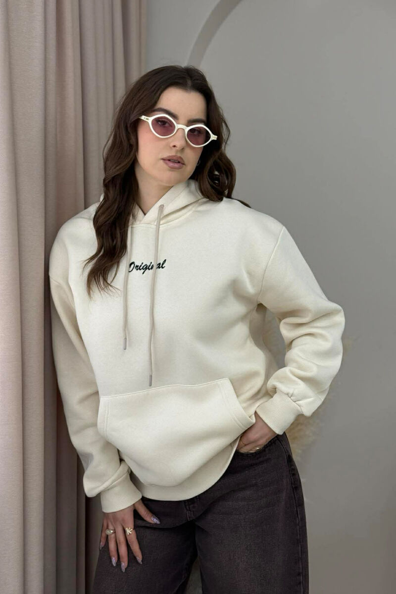 FLUFFY ONE COLOR SMALL FRONT WRITTING WOMEN HOODIE BEIGE/BEZHE - 3