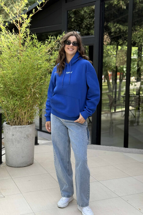 HOODIE ME PUSH NJËNGJYRËSHE DHE ME SHKRIM TË VOGËL PARA PËR FEMRA NË NGJYRËN BLU - KLAUDIO FASHION