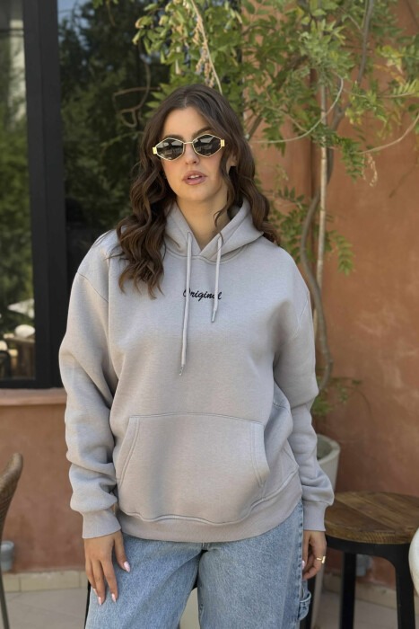 FLUFFY ONE COLOR SMALL FRONT WRITTING WOMEN HOODIE LIGHT GREY/GZ 