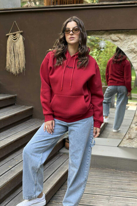 FLUFFY ONE COLOR SMALL FRONT WRITTING WOMEN HOODIE RED/E KUQE - 1