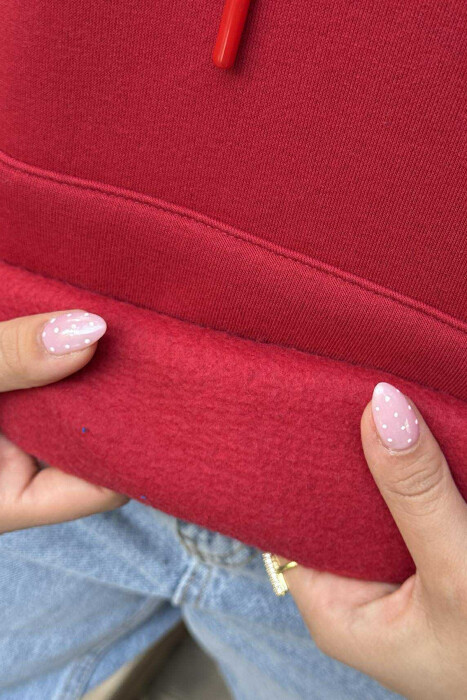 FLUFFY ONE COLOR SMALL FRONT WRITTING WOMEN HOODIE RED/E KUQE - 5