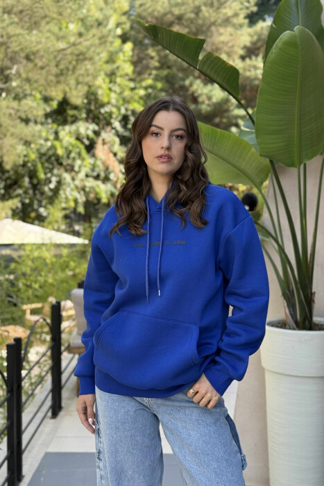FLUFFY SIMPLE FRONT WRITTINGS ONE COLOR WOMEN HOODIE BLUE/BLU - 2