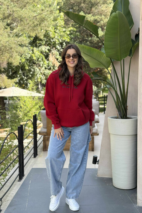 FLUFFY SIMPLE FRONT WRITTINGS ONE COLOR WOMEN HOODIE RED/E KUQE 