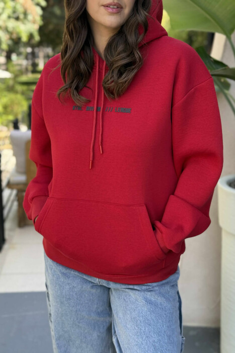 FLUFFY SIMPLE FRONT WRITTINGS ONE COLOR WOMEN HOODIE RED/E KUQE - 3