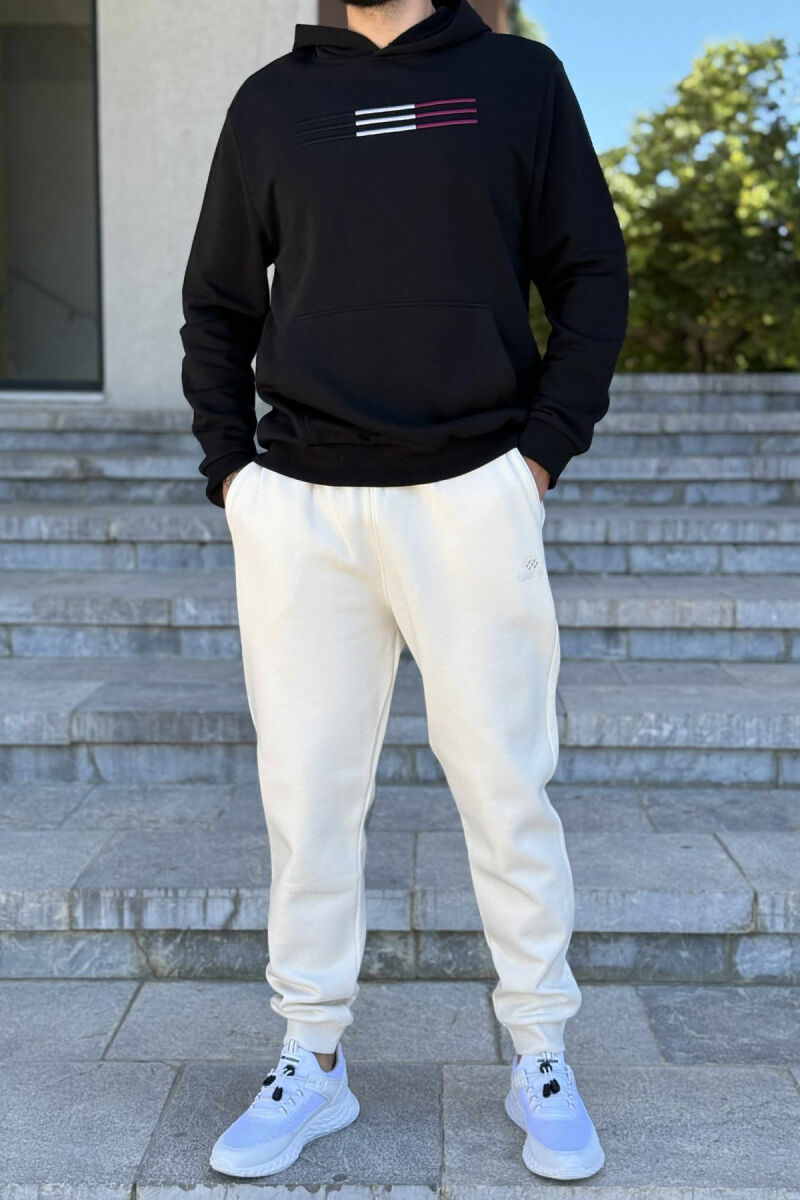 FLUFFY SIMPLE HOODIE+JOGGERS MEN SET BLACK-CREAM/ZEKR - 1