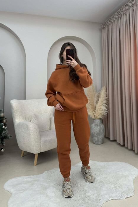 FLUFFY SIMPLE ONE COLOR HOODIE+JOGGERS WOMEN SET BRICK/TULLE 